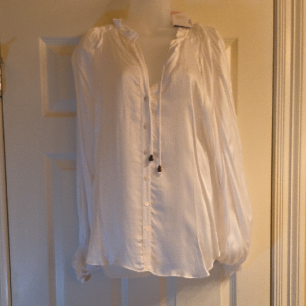 Women's White Button-Front Peasant Blouse with Tie Neck